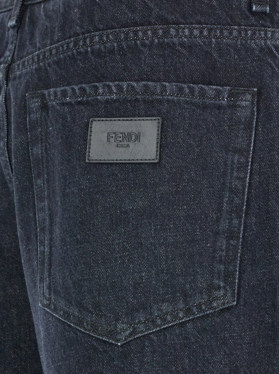 Fendi Men Black Five Pocket Jeans With Logo Patch On The Back In Denim Man