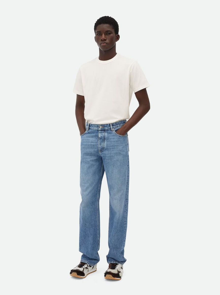 Bottega Veneta Men Blue Five Pocket Jeans With Back Logo Patch In Denim Man
