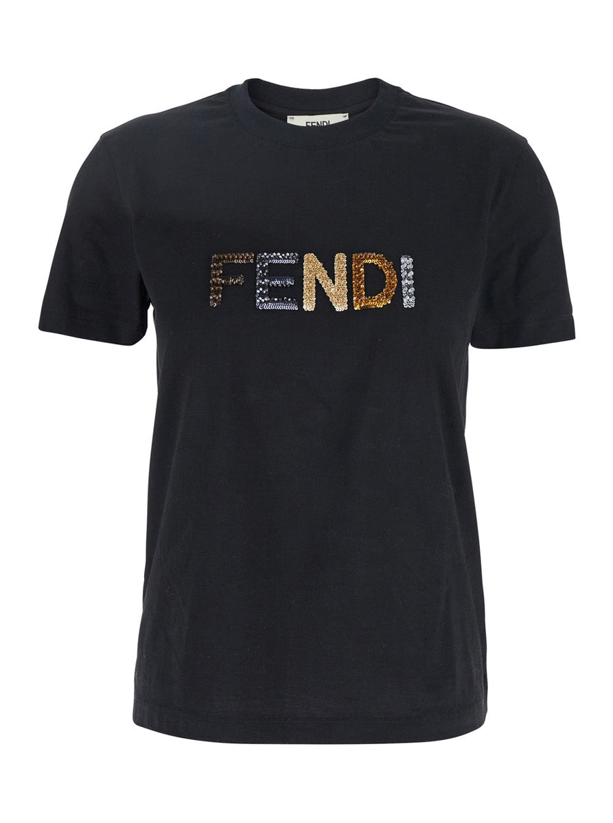 Fendi Women Black Crewneck T-Shirt With Logo Lettering On The Front In Cotton Woman