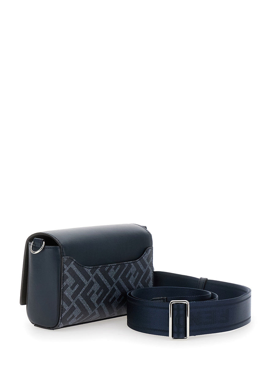 Fendi Men 'Messenger' Midnight Blue Shoulder Bag With Logo Plaque And Ff Motif In Leather And Canvas Man