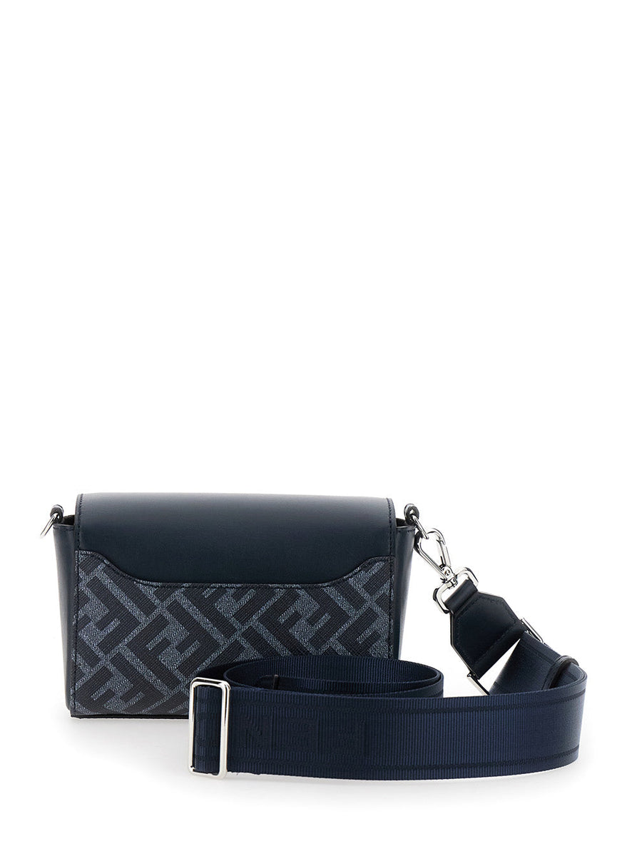 Fendi Men 'Messenger' Midnight Blue Shoulder Bag With Logo Plaque And Ff Motif In Leather And Canvas Man