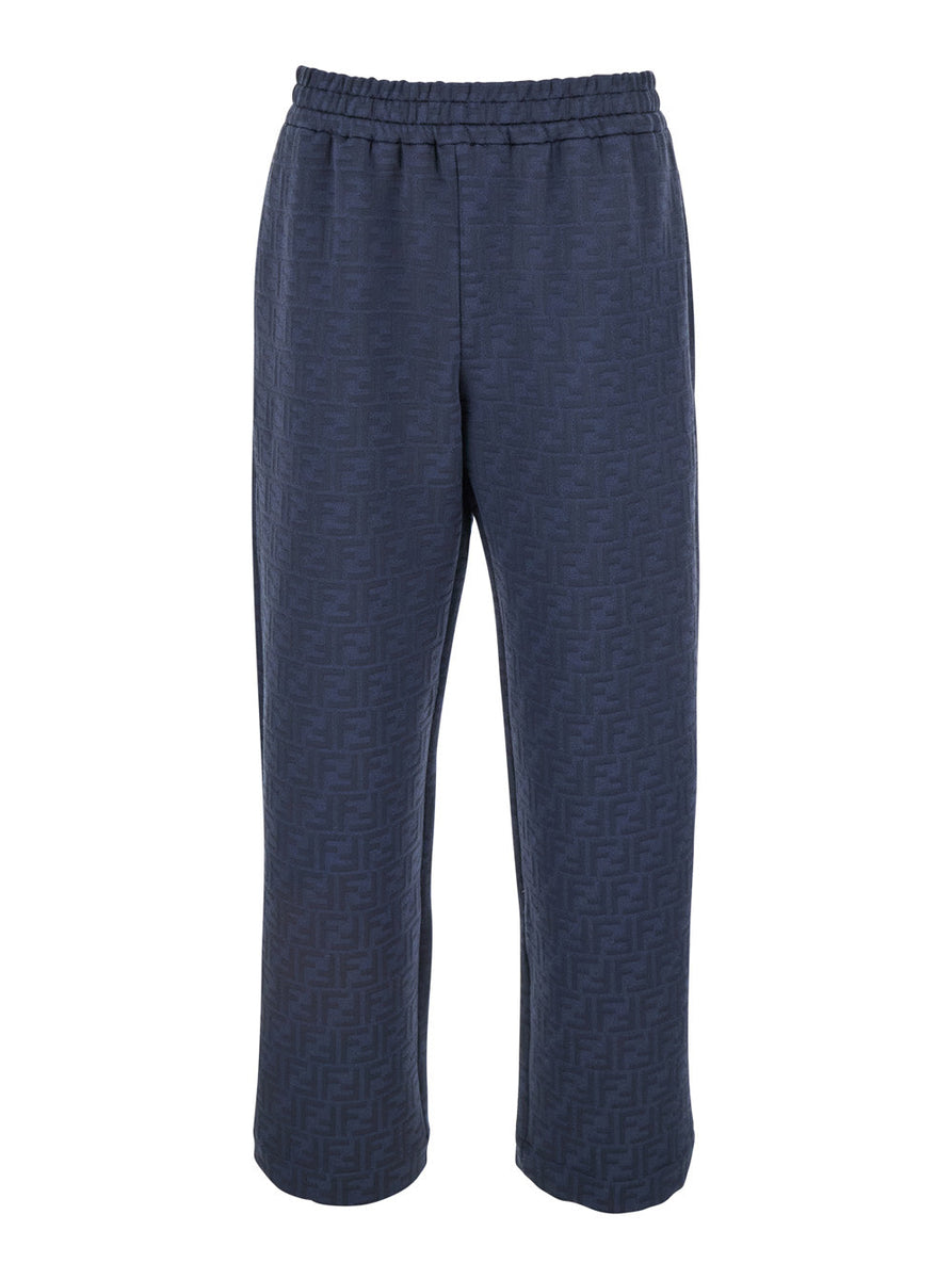 Fendi Men Blue Pants With All-Over Embossed Ff Motif And Elastic Waist In Cotton Blend Man