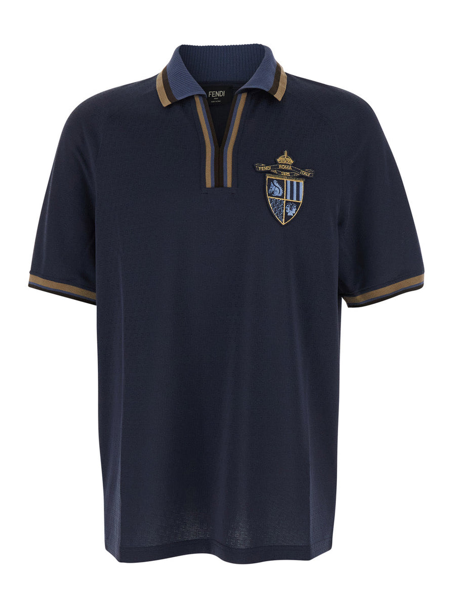 Fendi Men Blue Polo With All-Over Tone-On-Tone Ff Motif And Fendi Club Patch On The Front In Tech Fabric Man