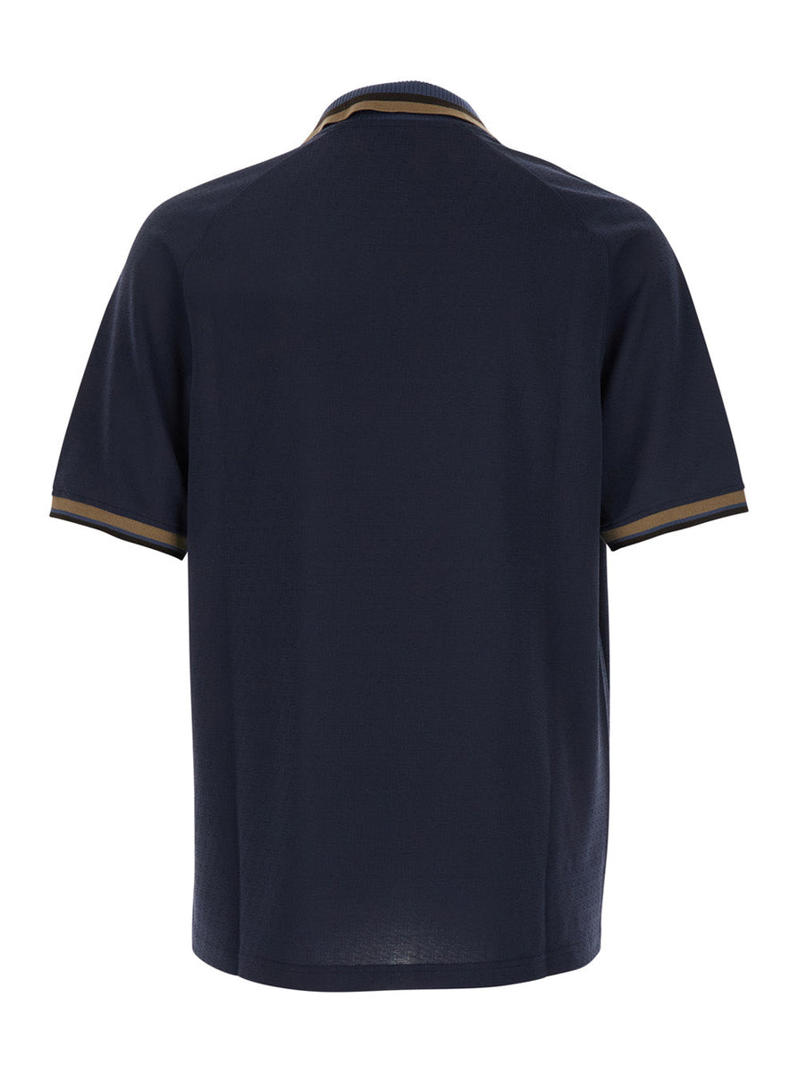Fendi Men Blue Polo With All-Over Tone-On-Tone Ff Motif And Fendi Club Patch On The Front In Tech Fabric Man