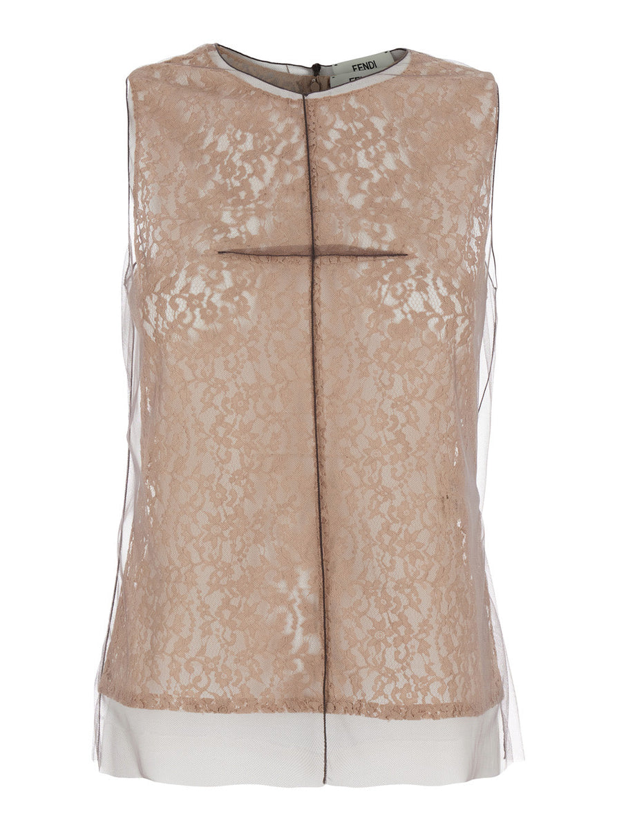 Fendi Women Beige Sleeveless Crewneck Top With All-Over Floral Embroidery In Lace Woman
