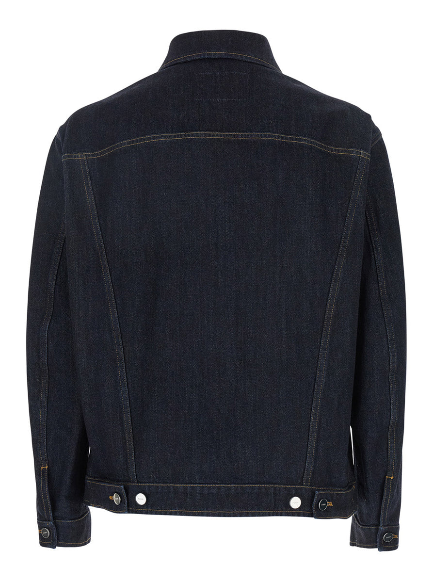 Fendi Men Blue Jacket With Classic Collar And Logo Embroidery On The Front In Denim Man
