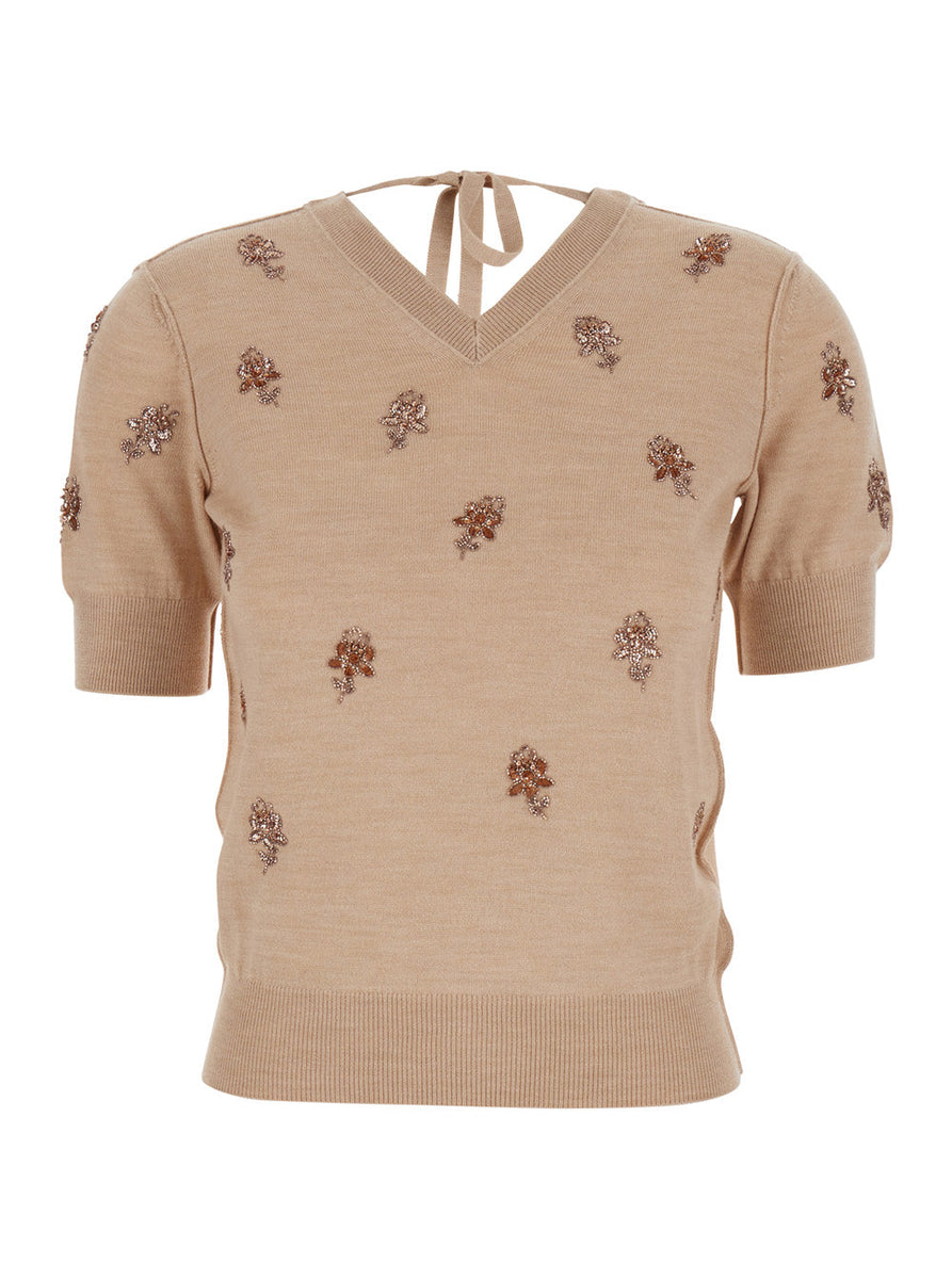 Fendi Women Pink T-Shirt With V Neck On Front And Rear And Floral Embroidery On The Front In Wool Woman