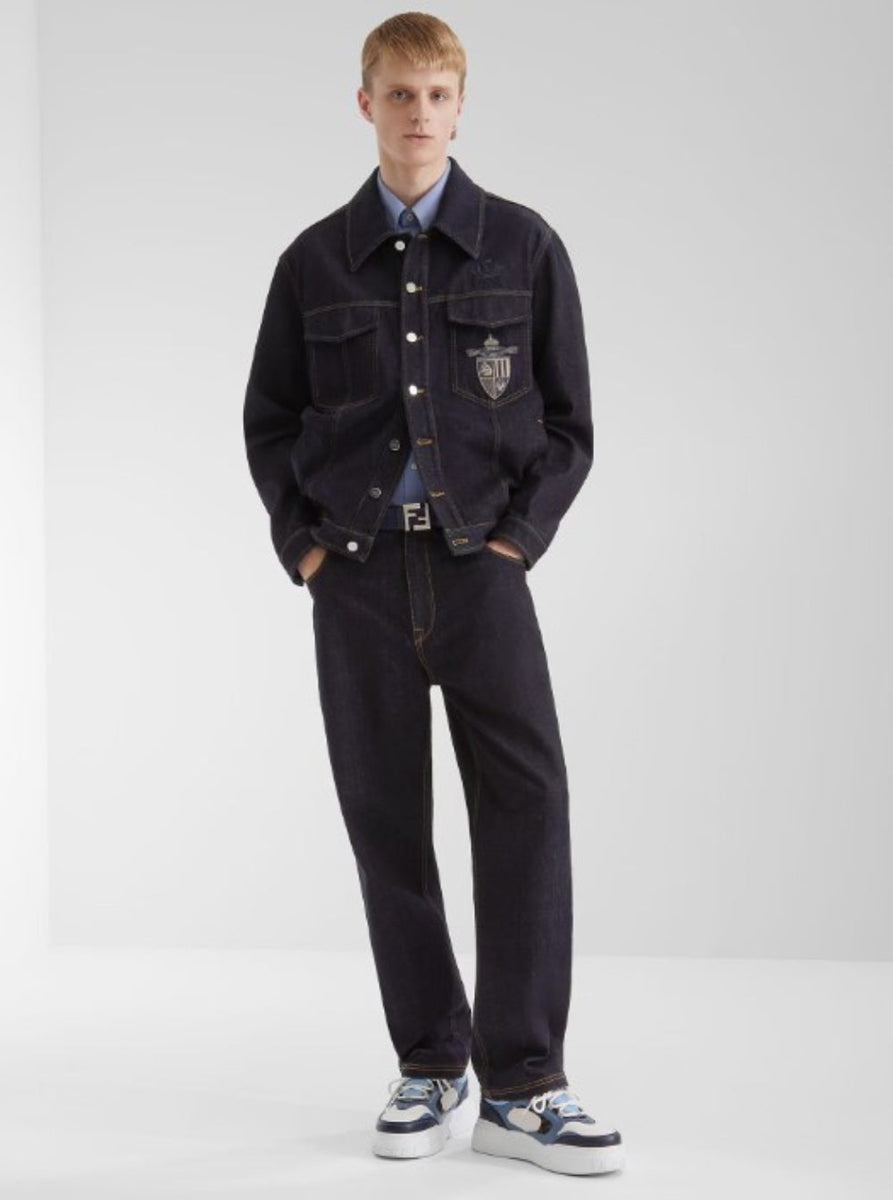 Fendi Men Blue Jacket With Classic Collar And Logo Embroidery On The Front In Denim Man