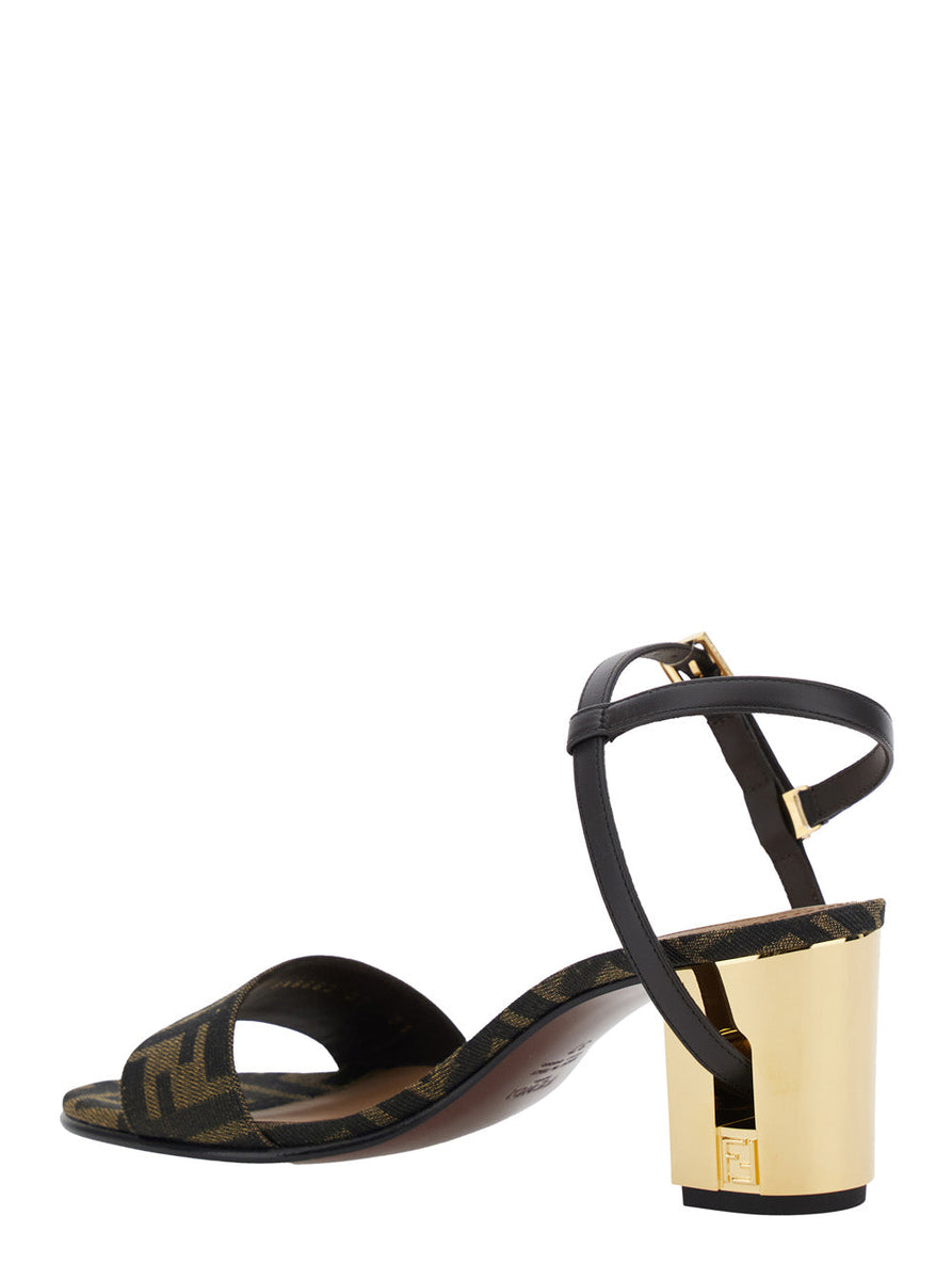 Fendi Women 'Delfina' Brown Sandals With All-Over Ff Motif And Block Heel In Leather And Fabric Woman