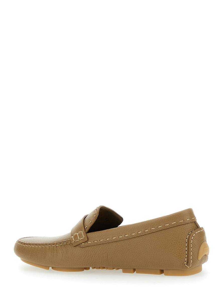 Fendi Men 'Driver' Beige Loafers With Rubber Injected Sole And Metallic Ff Plate In Hammered Leather Man