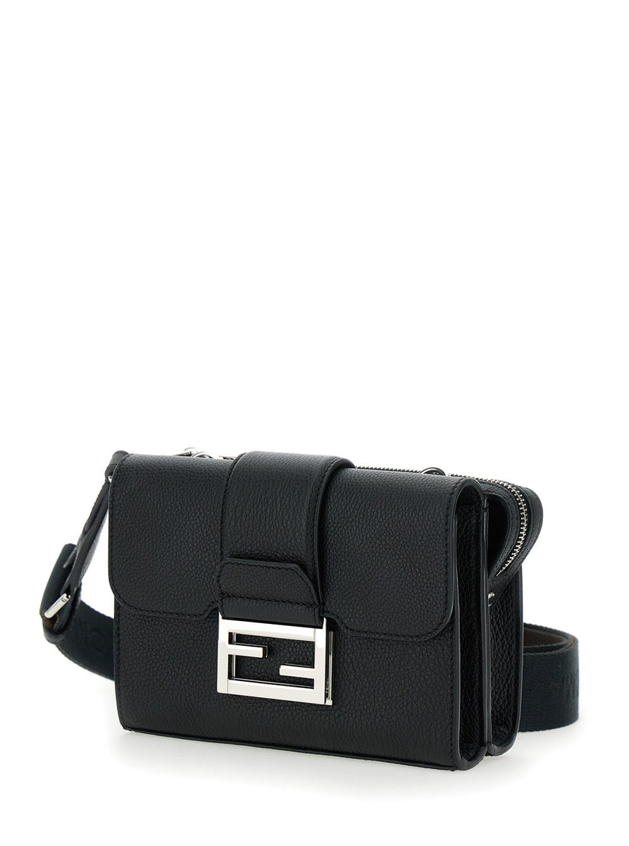 Fendi Men 'Baguette Double' Black Crossbody Bag With Ff Plaque On The Front In Hammered Leather Woman