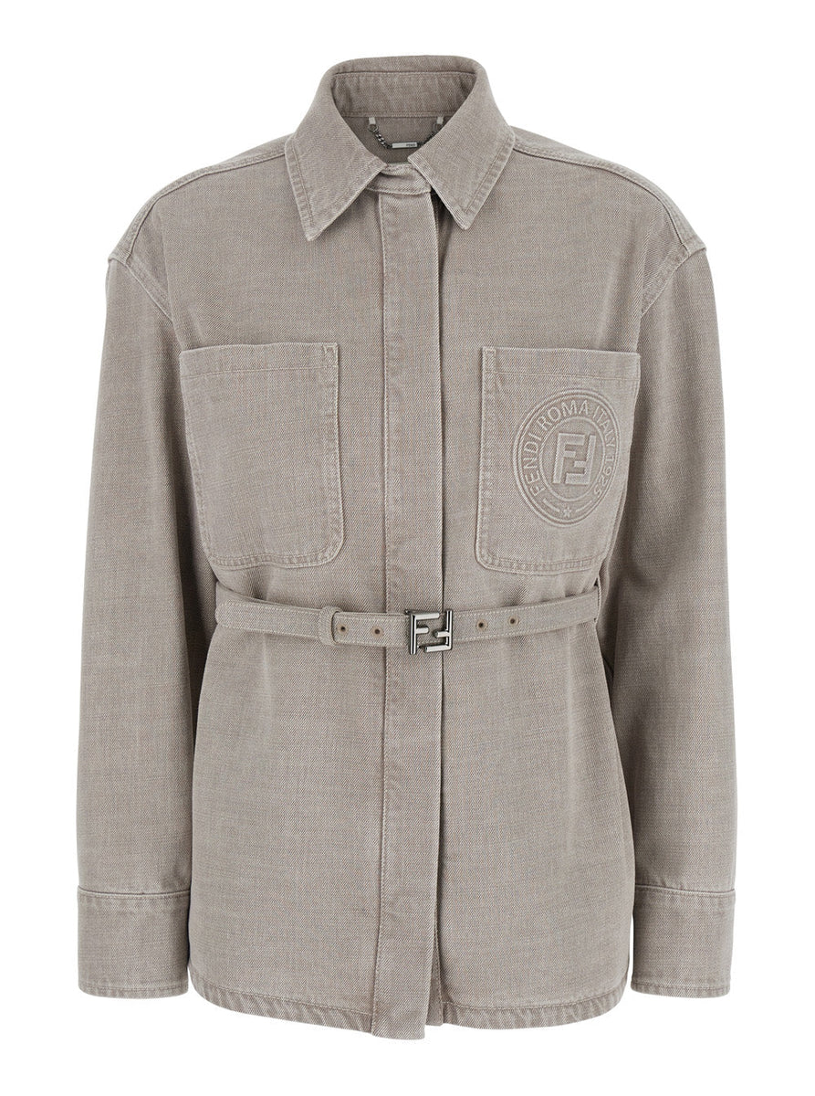 Fendi Women 'Go To' Blue Jacket With Belt With Ff Buckle And Logo Patch On The Front In Denim Woman