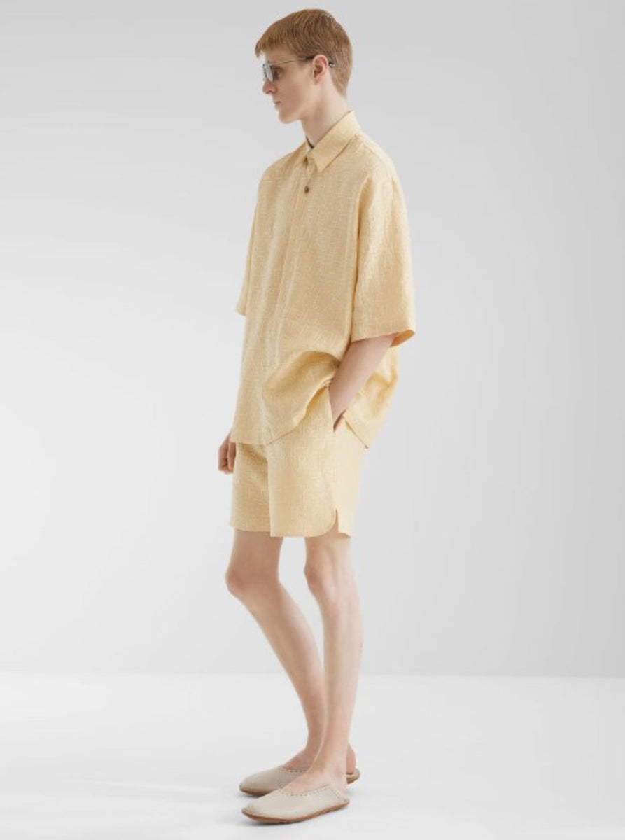 Fendi Men Yellow Pants With Belt Loops And All-Over Ff Motif In Linen Blend Man