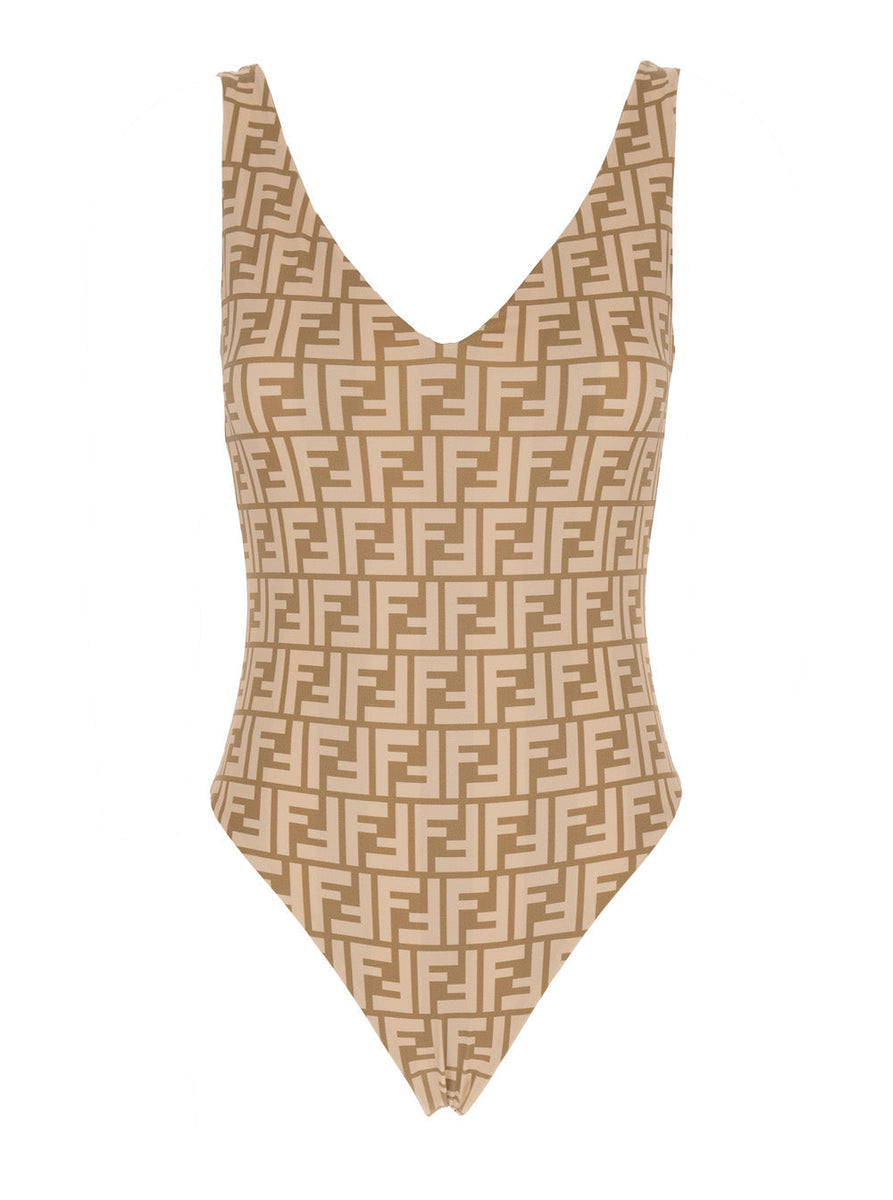 Fendi Women Beige Reversible Swimsuit With V Neck And All-Over Striped Motif In Tech Fabric Stretch Woman