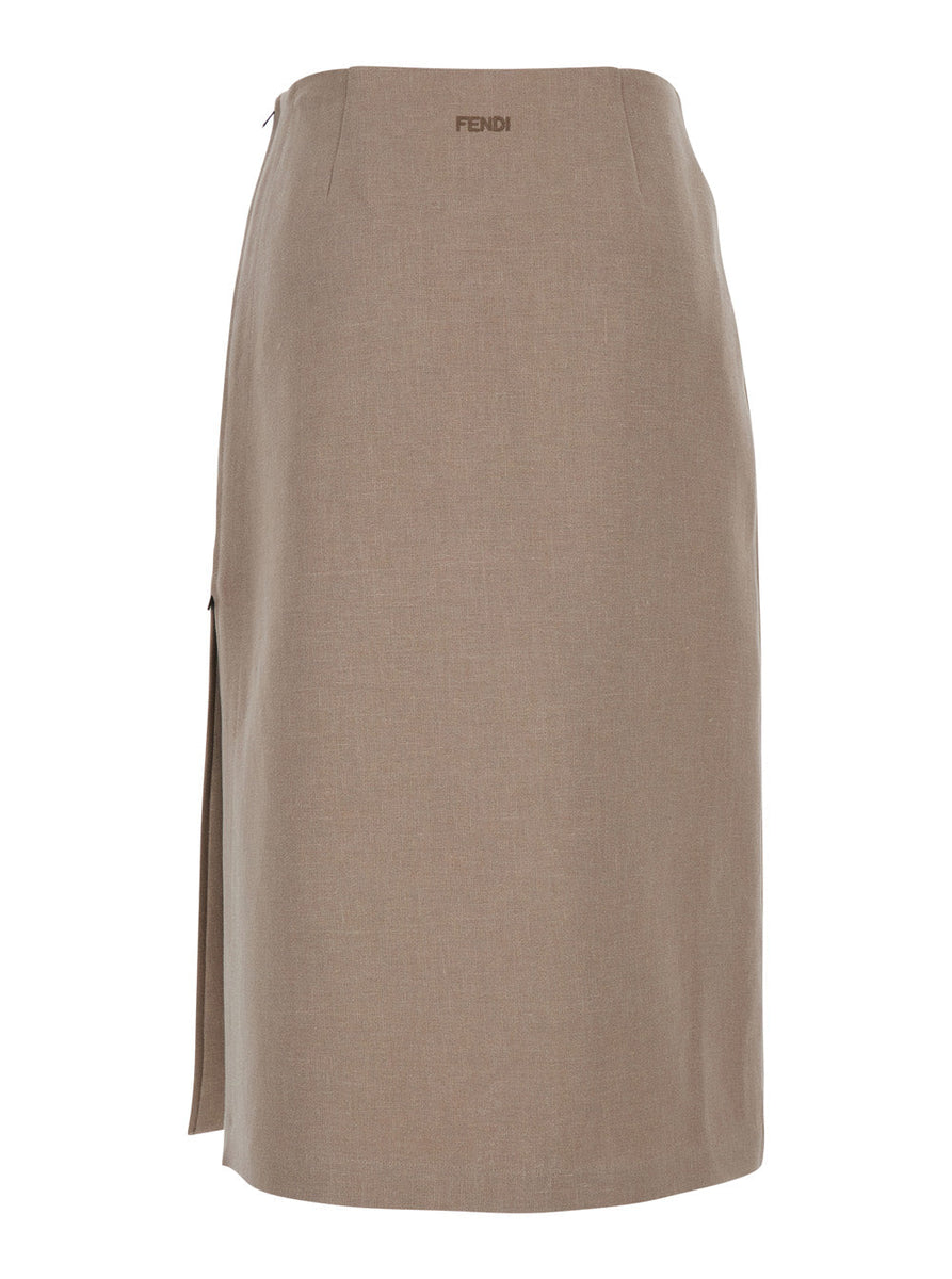 Fendi Women Beige Pencil Skirt With Rear Logo Lettering Embroidery And Side Slit In Linen Woman