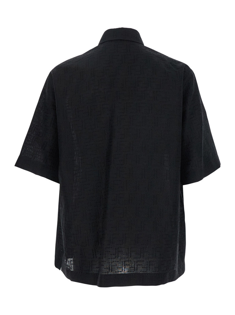 Fendi Men Black Oversize Shirt With Short Wide Sleeves And All-Over Ff Embroidery In Linen Blend Woman