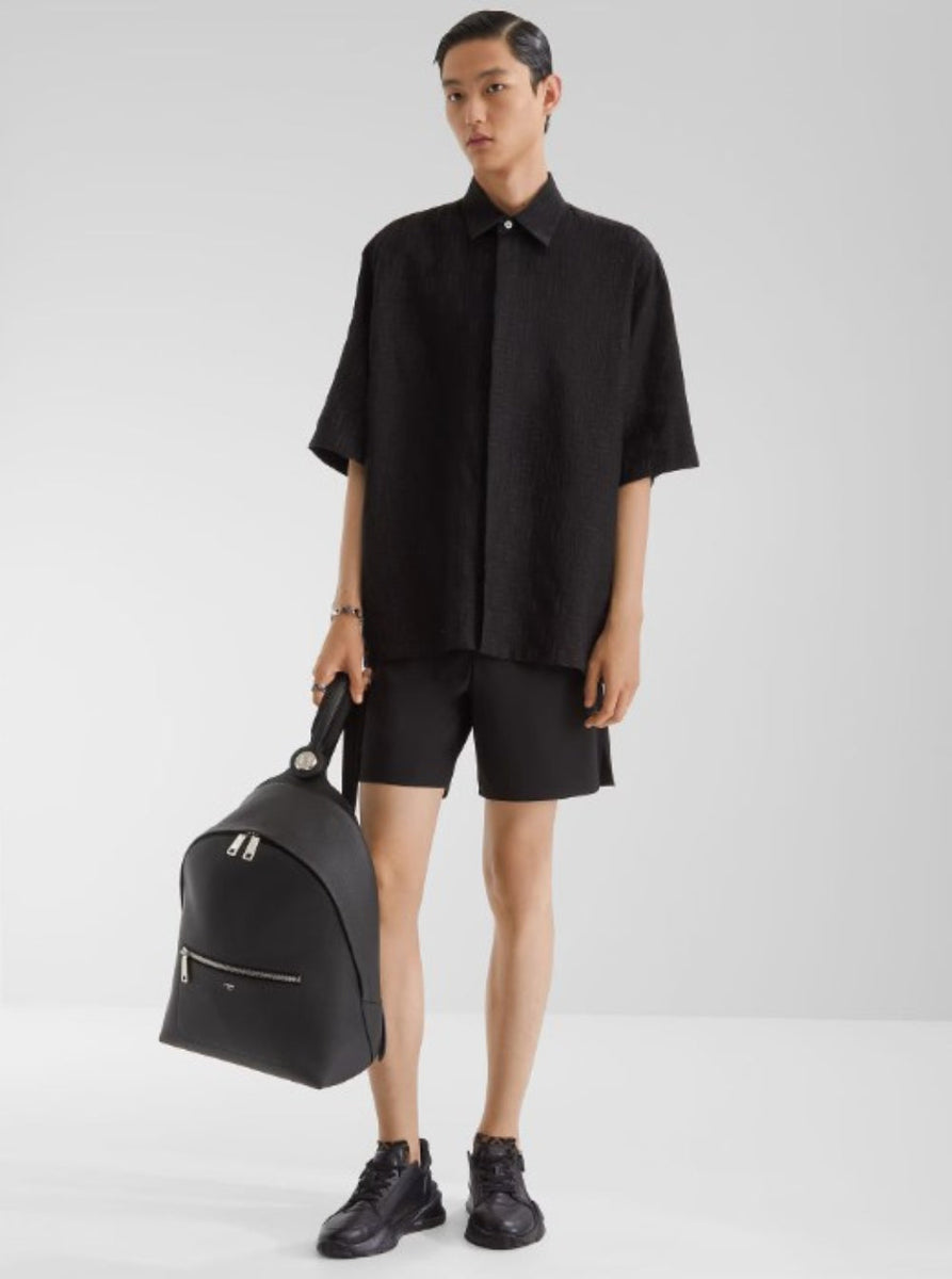 Fendi Men Black Oversize Shirt With Short Wide Sleeves And All-Over Ff Embroidery In Linen Blend Woman