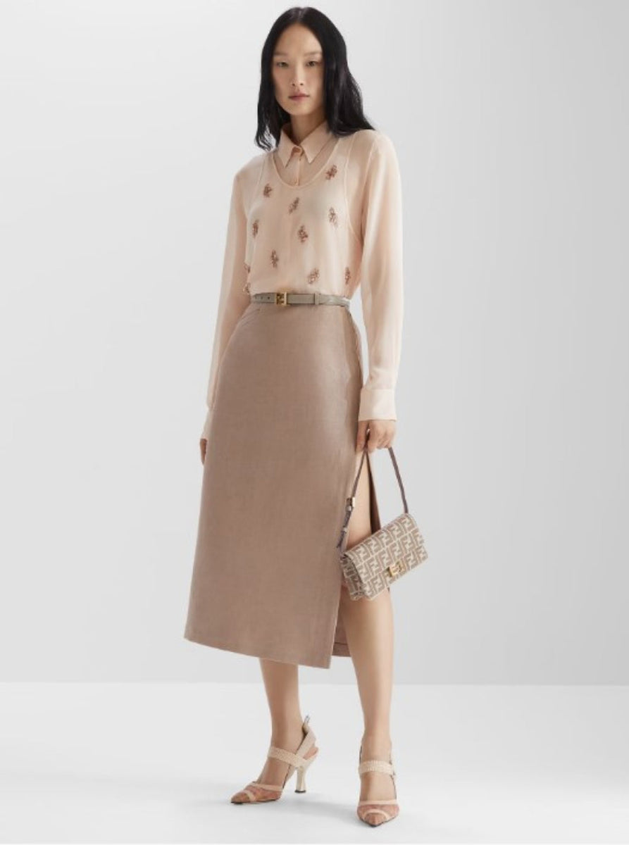 Fendi Women Beige Pencil Skirt With Rear Logo Lettering Embroidery And Side Slit In Linen Woman