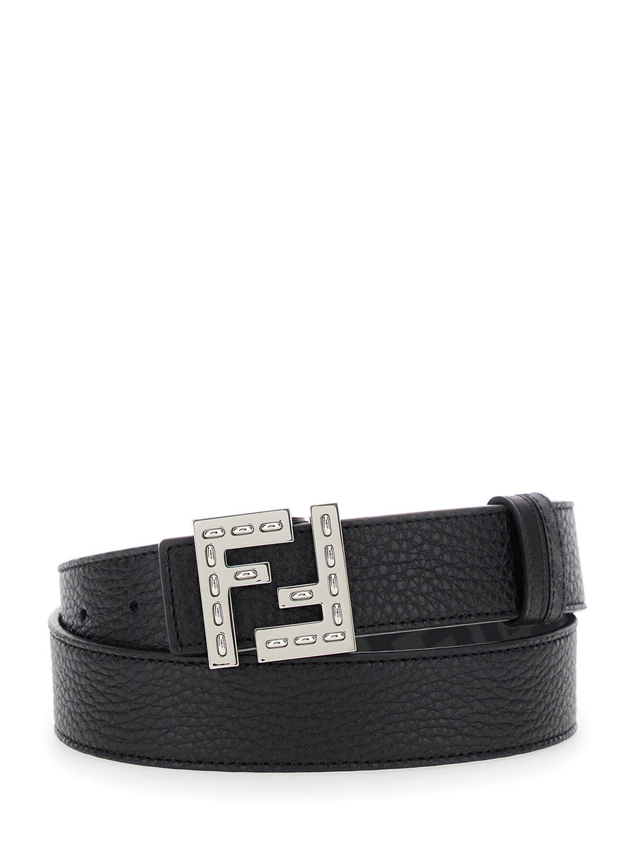 Fendi Men Black Belt With Metallic Ff Logo Plate On The Front And Ff Interior Motif In Hammered Leather Man