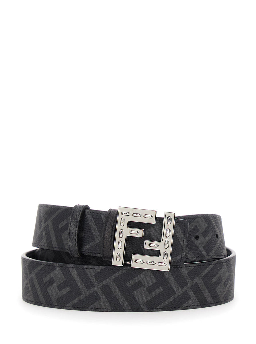 Fendi Men Black Belt With Metallic Ff Logo Plate On The Front And Ff Interior Motif In Hammered Leather Man