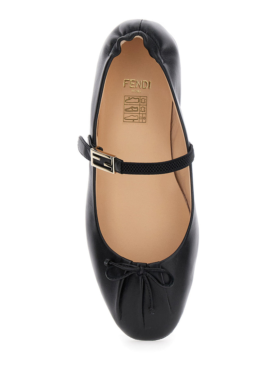 Fendi Women Black Ballerinas With Curled Heel And Ff Logo Plaque On The Strap In Leather Woman
