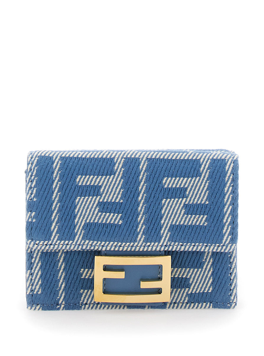 Fendi Women Blue Wallet With Tri-Fold Deisgn And All-Over Ff Motif In Denim Woman