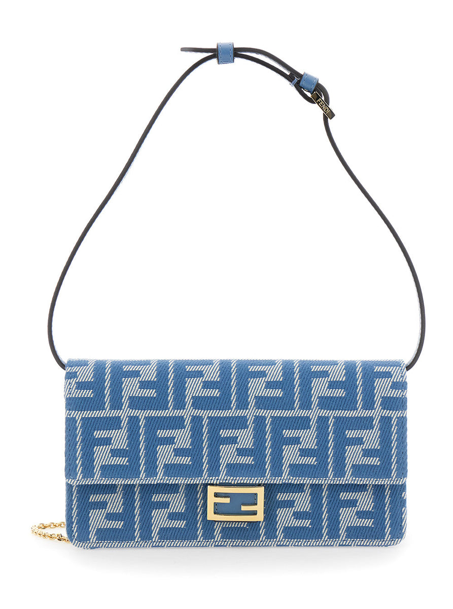 Fendi Women Blue Crossbody Bag With All-Over Ff Motif And Metallic Ff Plaque On The Front In Cotton Woman