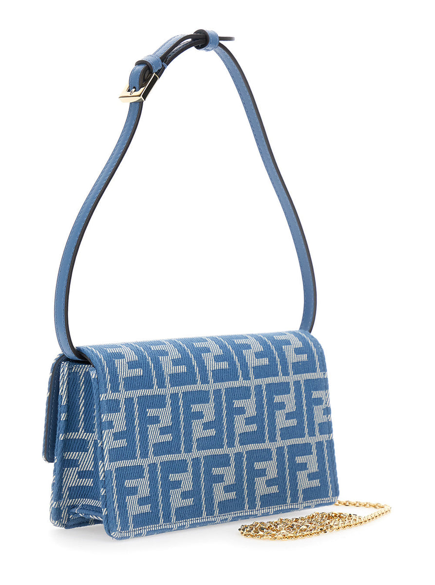 Fendi Women Blue Crossbody Bag With All-Over Ff Motif And Metallic Ff Plaque On The Front In Cotton Woman