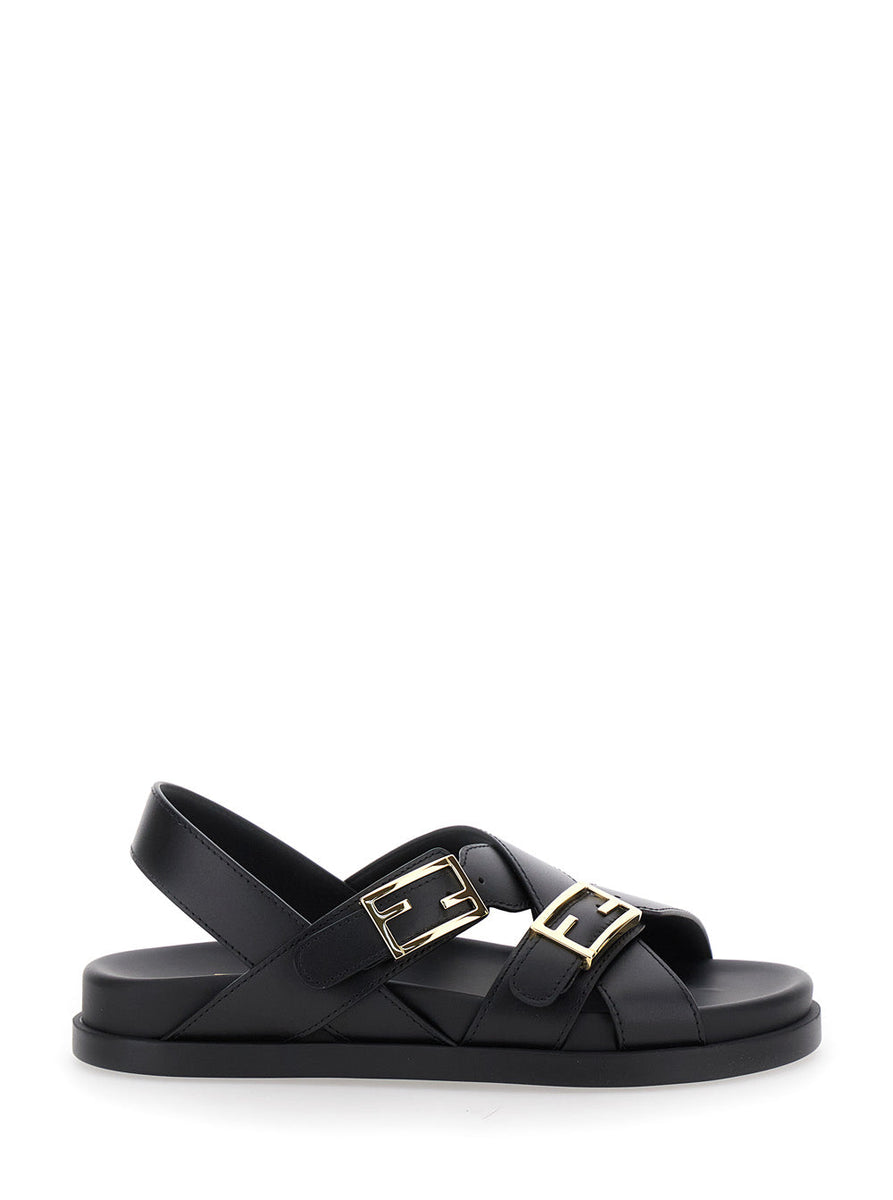 Fendi Women Black Singback Sandals With Ff Buckle Closure And Criss-Crossed Straps In Leather Woman