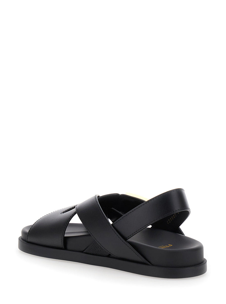 Fendi Women Black Singback Sandals With Ff Buckle Closure And Criss-Crossed Straps In Leather Woman