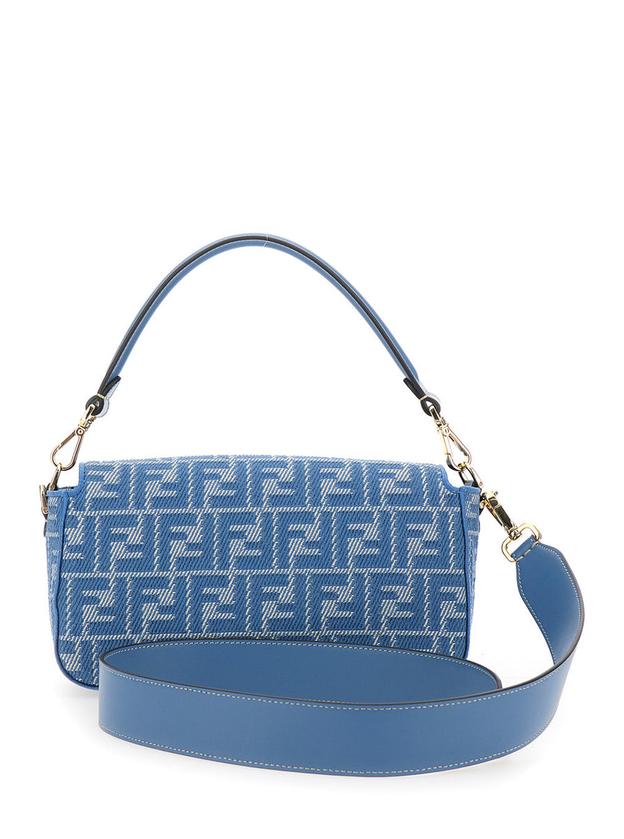 Fendi Women 'Baguette Medium' Blue Shoulder Bag With All-Over Ff Motif And Ff Logo Plaque On The Front In Cotton Woman