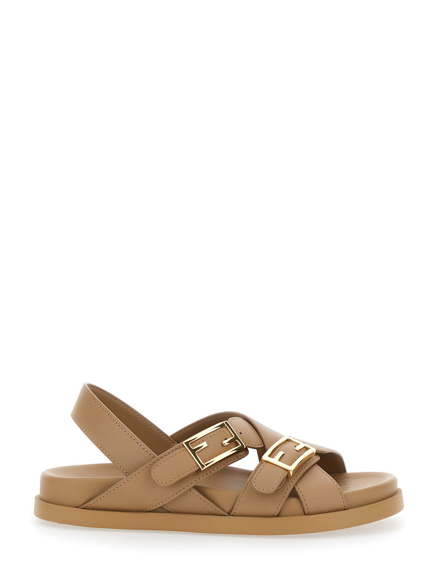 Fendi Women Brown Sandals With Criss-Crossed Straps And Ff Buckles In Leather Woman