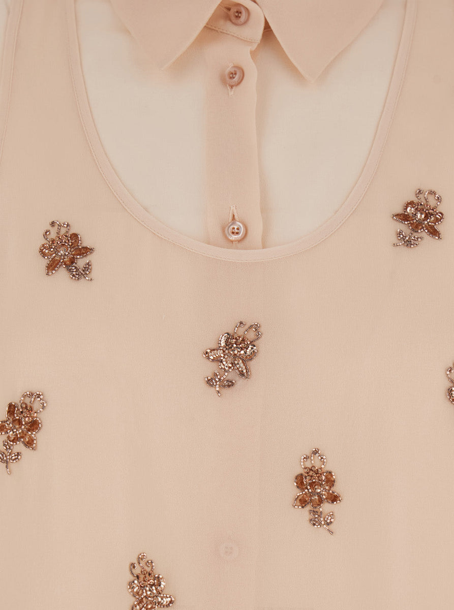 Fendi Women Pink Shirt With Layered Top And Floral Bead Decorations In Silk Woman