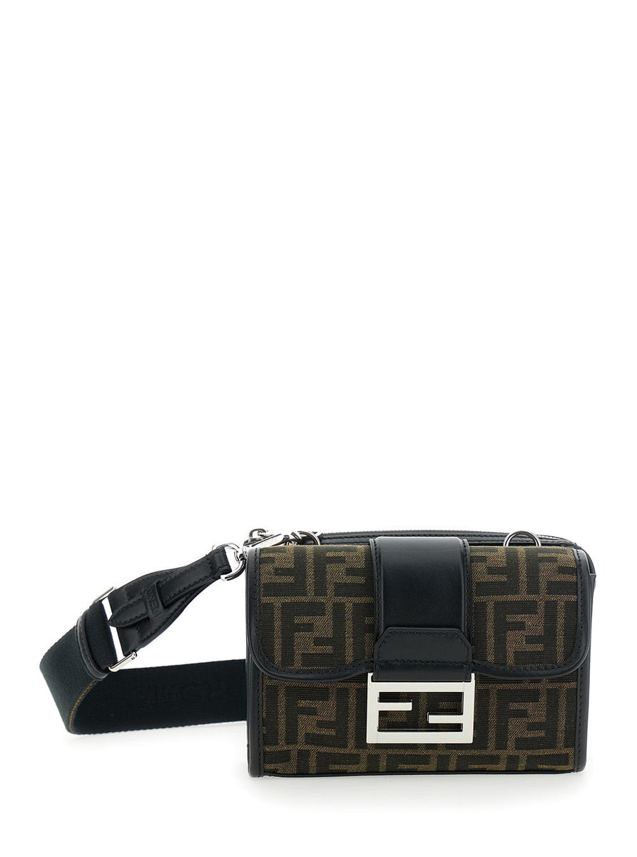 Fendi Men 'Baguette Double' Brown Crossbody Bag With All-Over Ff Motif And Front Plaque In Fabric And Leather Woman