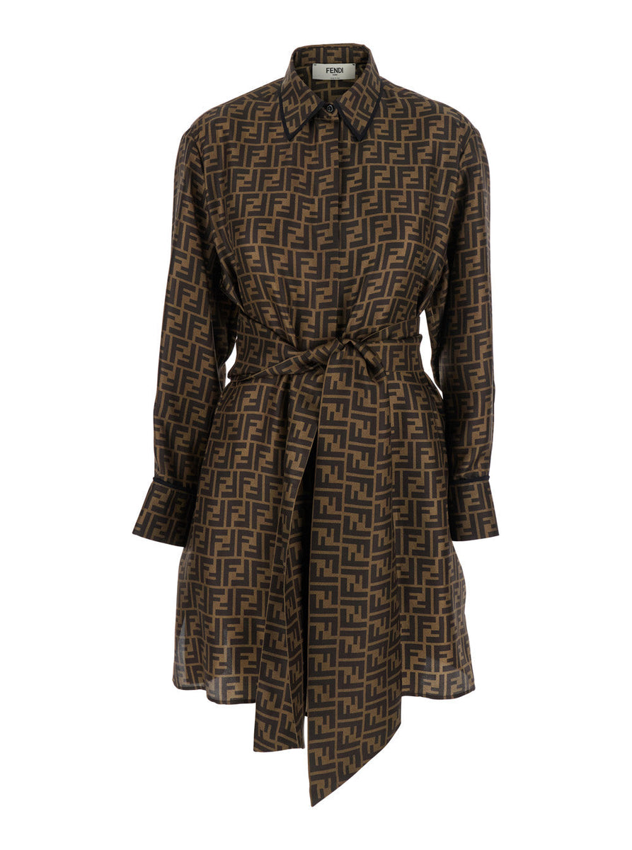 Fendi Women Brown Shirt Dress With Monogram Logo Print All-Over In Silk Woman