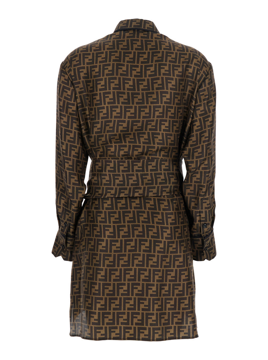 Fendi Women Brown Shirt Dress With Monogram Logo Print All-Over In Silk Woman