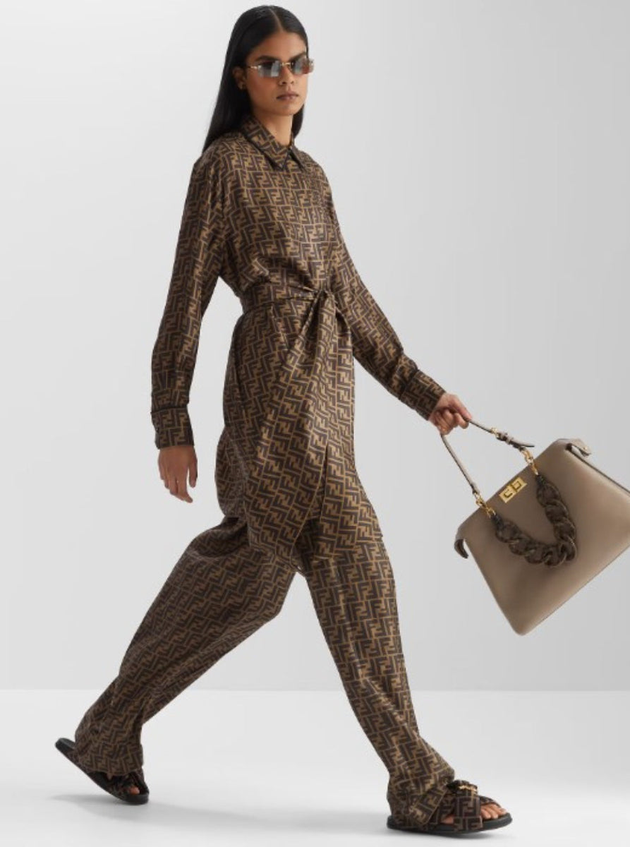 Fendi Women Brown Shirt Dress With Monogram Logo Print All-Over In Silk Woman