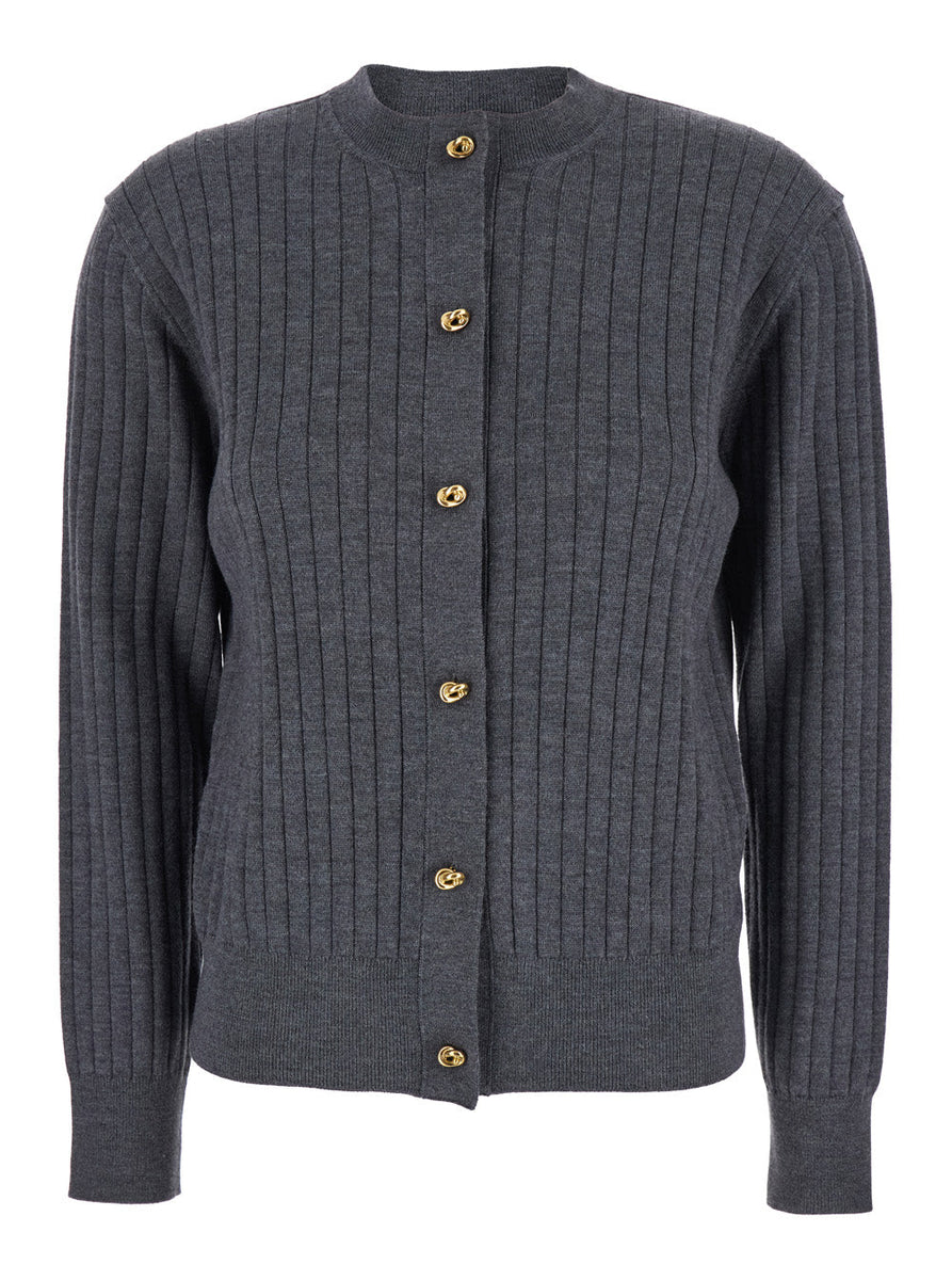 Bottega Veneta Women Grey Crewneck Cardigan With Knot Buttons Closure And Ribbed Knit In Wool Woman