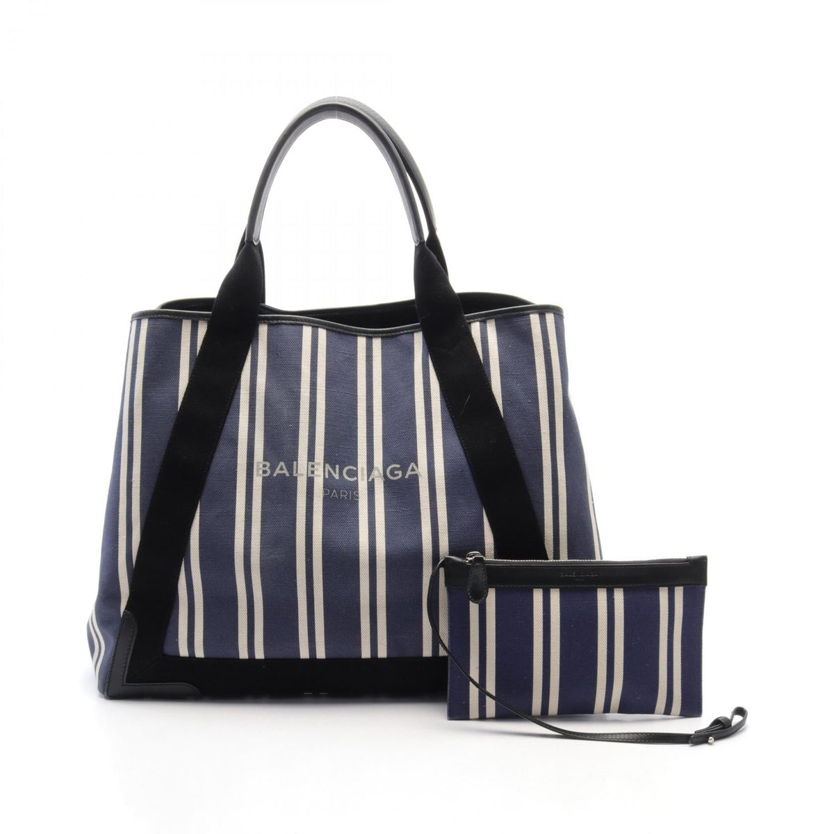 balenciaga Navy Cabas M Canvas Leather Tote