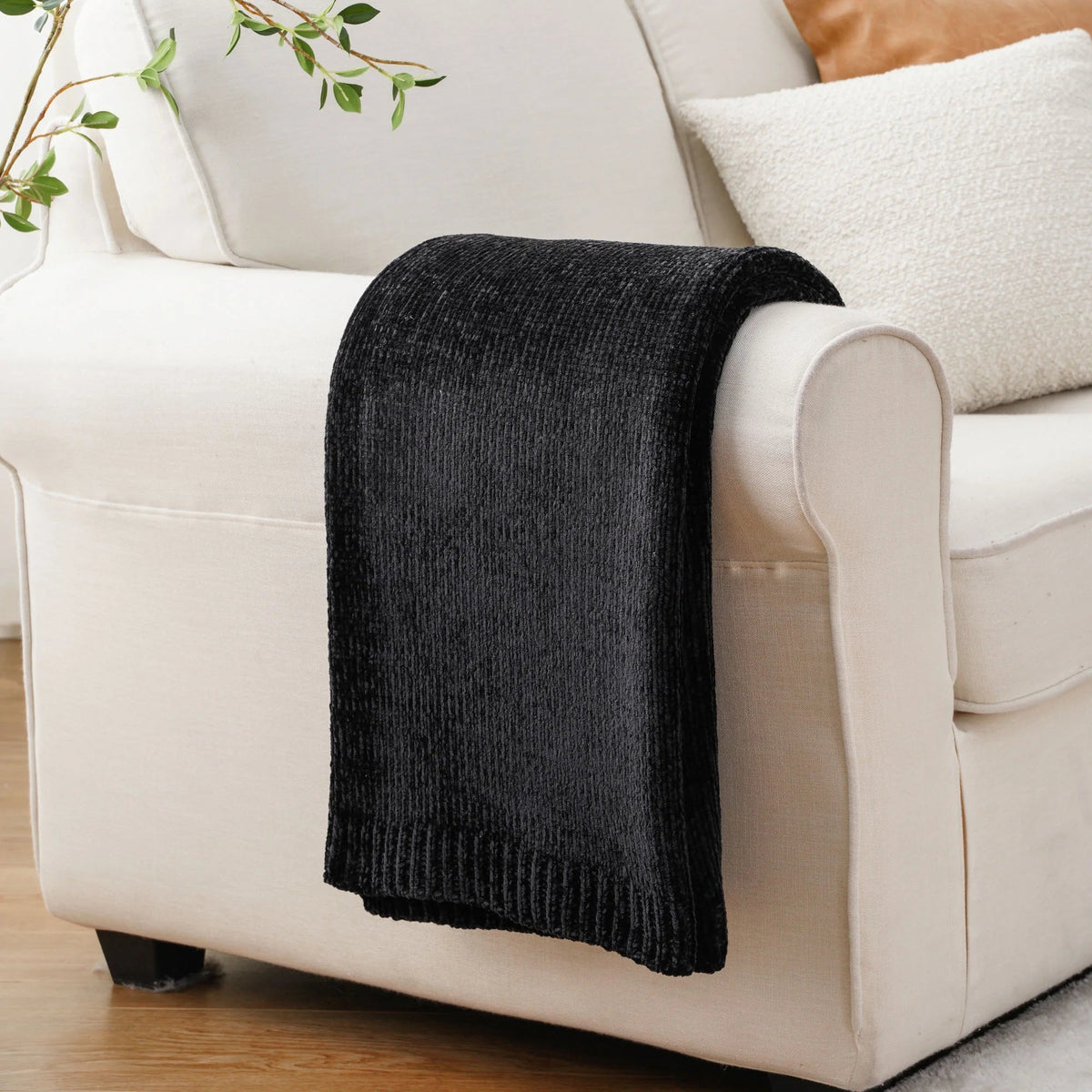 Black Chenille Throws for Couch,Soft Lightweigt Knitted Blanket for Living Room,51"X 67"