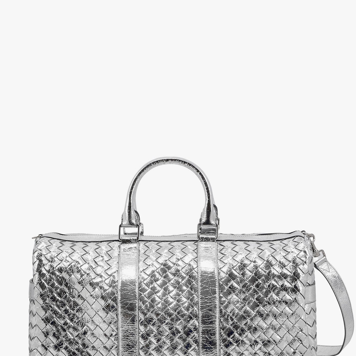 Bottega Veneta Men Silver Leather Duffle Bag With Intrecciato Motif