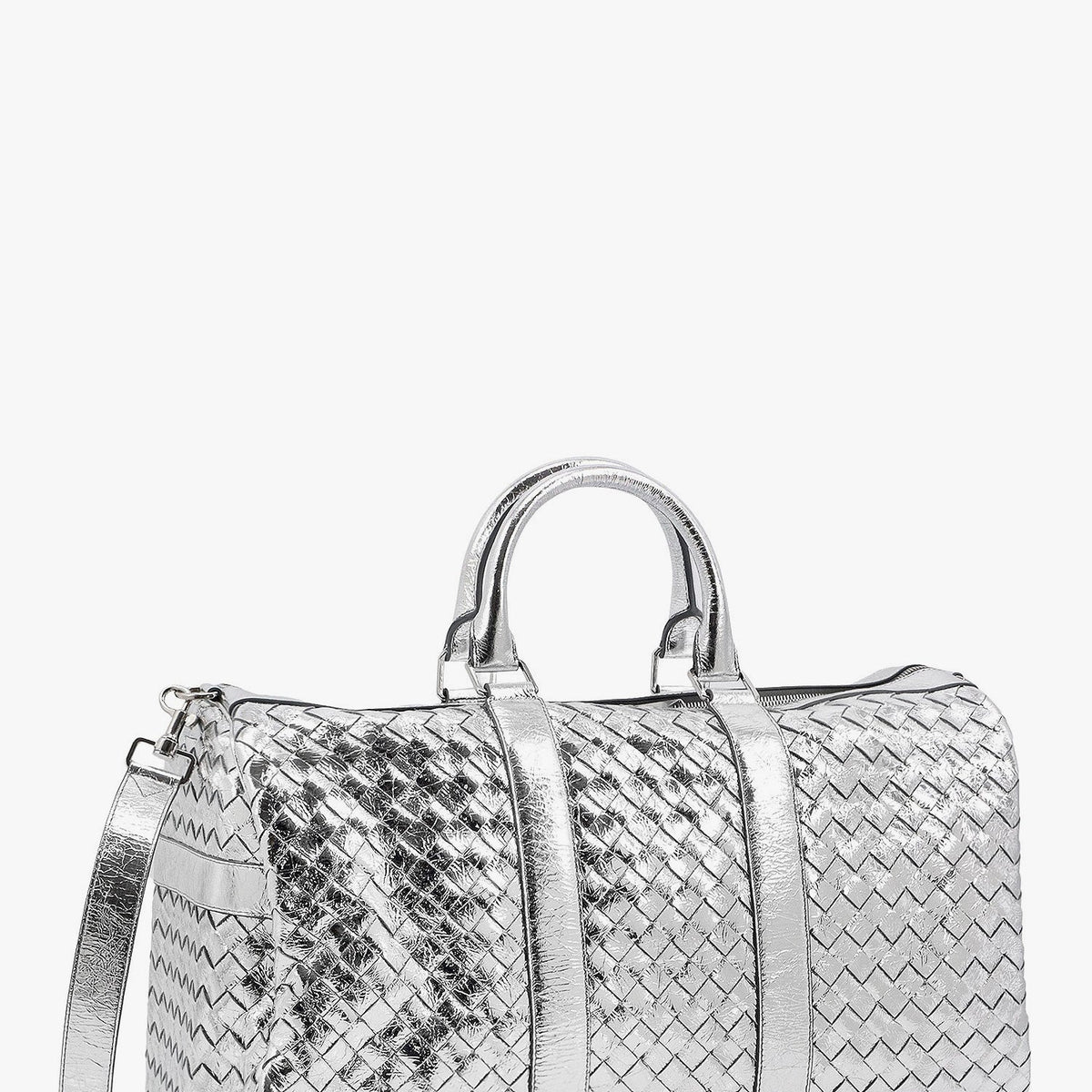 Bottega Veneta Men Silver Leather Duffle Bag With Intrecciato Motif