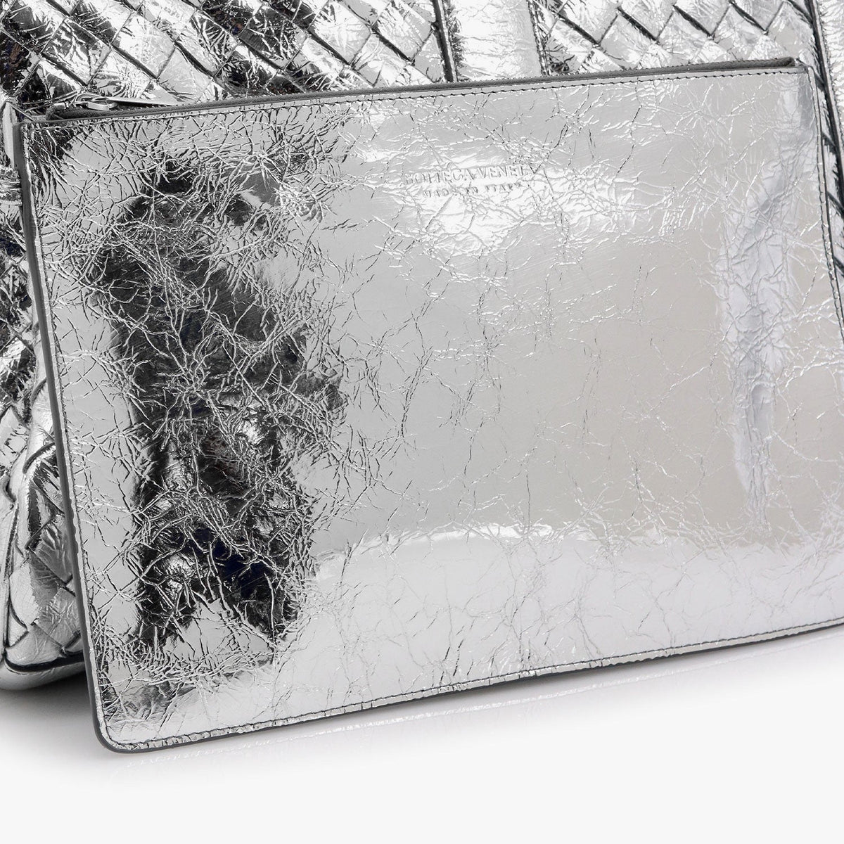 Bottega Veneta Men Silver Leather Duffle Bag With Intrecciato Motif