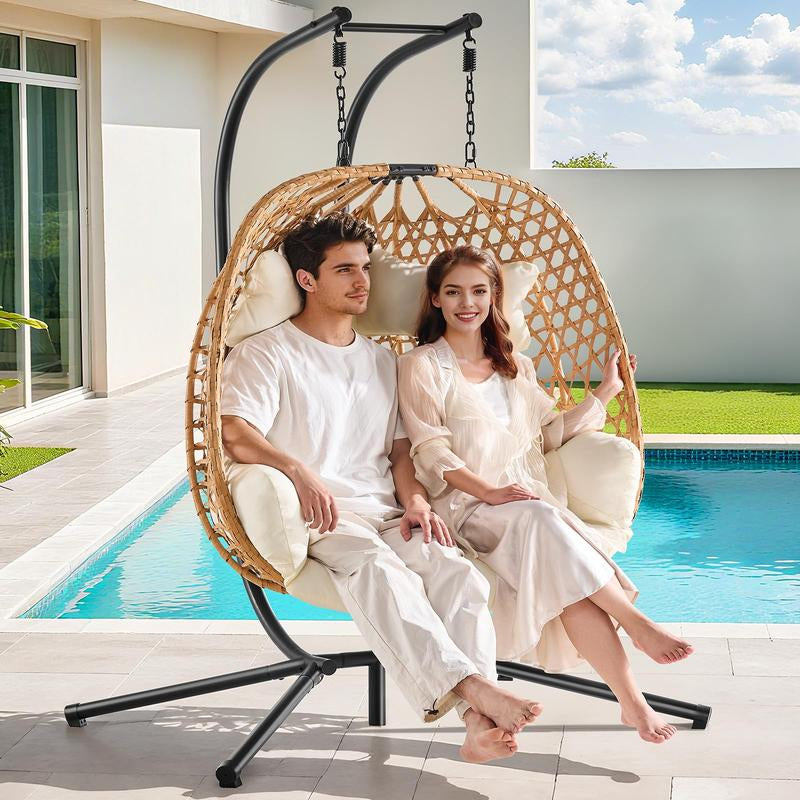 ONBRILL Double Hanging Egg Chair with Stand, Bohemian Knot Style Hammock Swing Chair, Foldable Basket & Denser Weaves, 650 Lbs Capacity Loveseat with UV Resistant Cushion for Patio, Backyard【Holidayhaul】