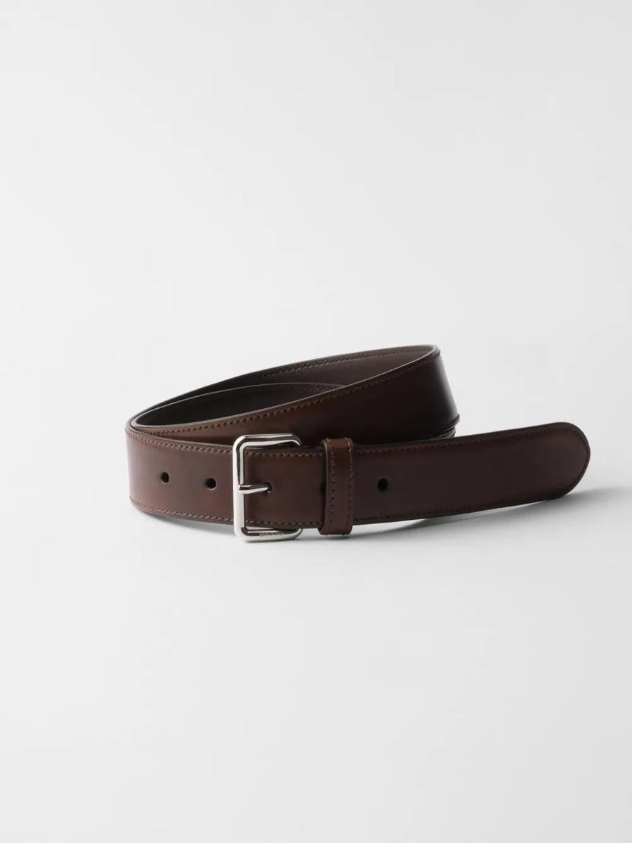 PRADA Aged Leather Belt with Engraved Buckle