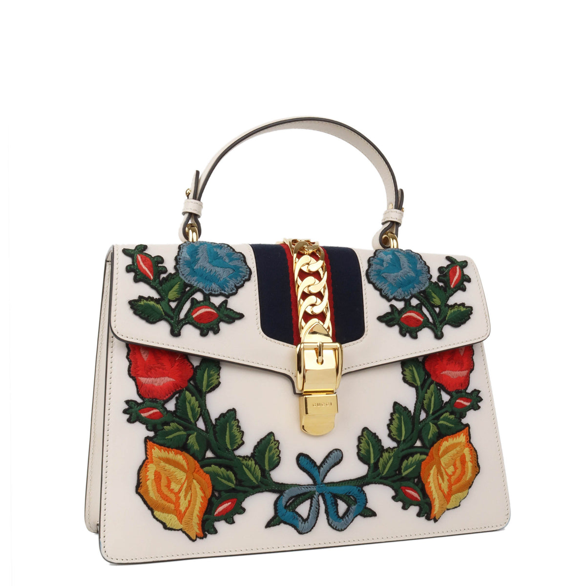 Gucci White Smooth Calfskin Leather Floral Embroidered Medium Sylvie Top Handle Bag