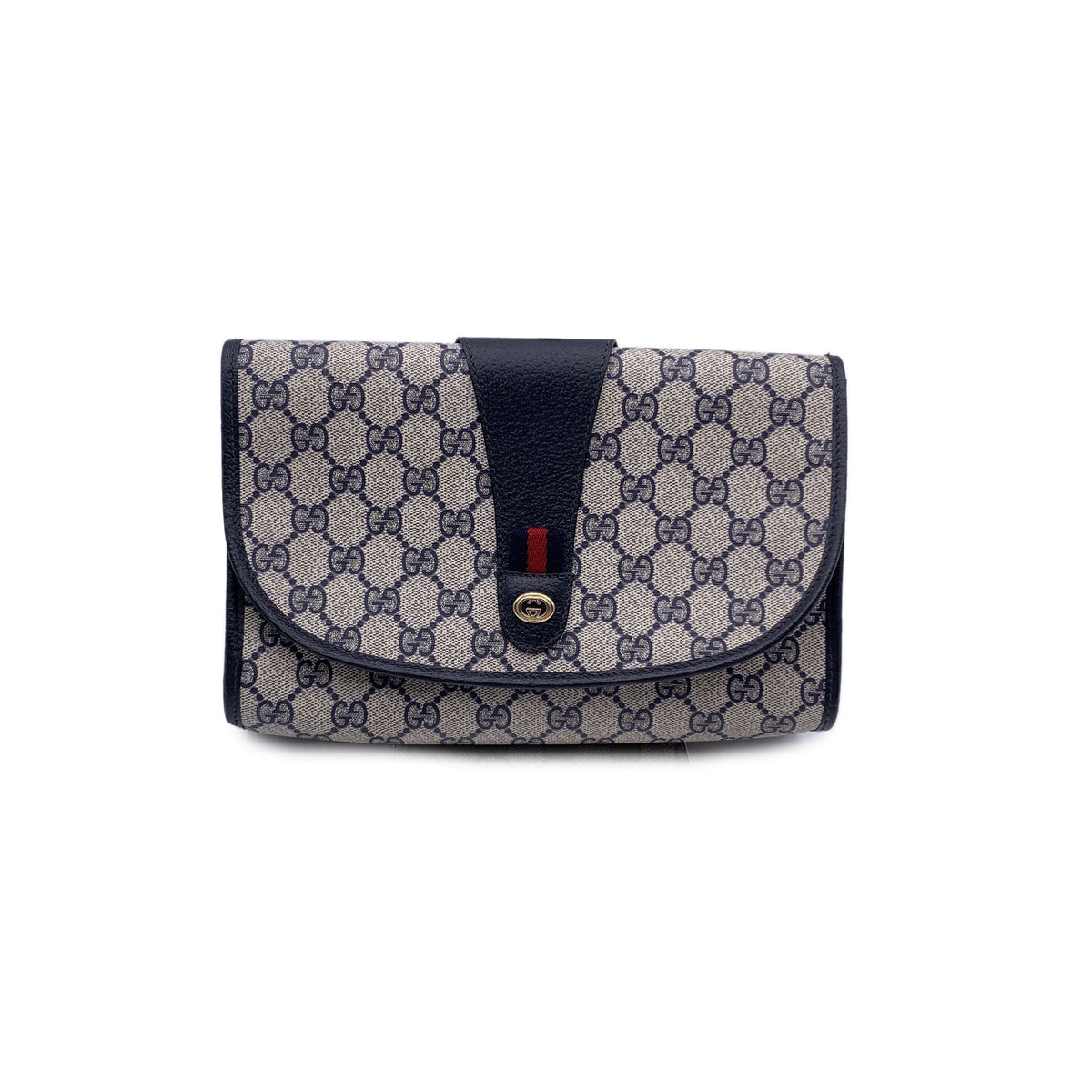 GUCCI Vintage Blue Monogram Canvas Web Cosmetic Flap Bag Clutch