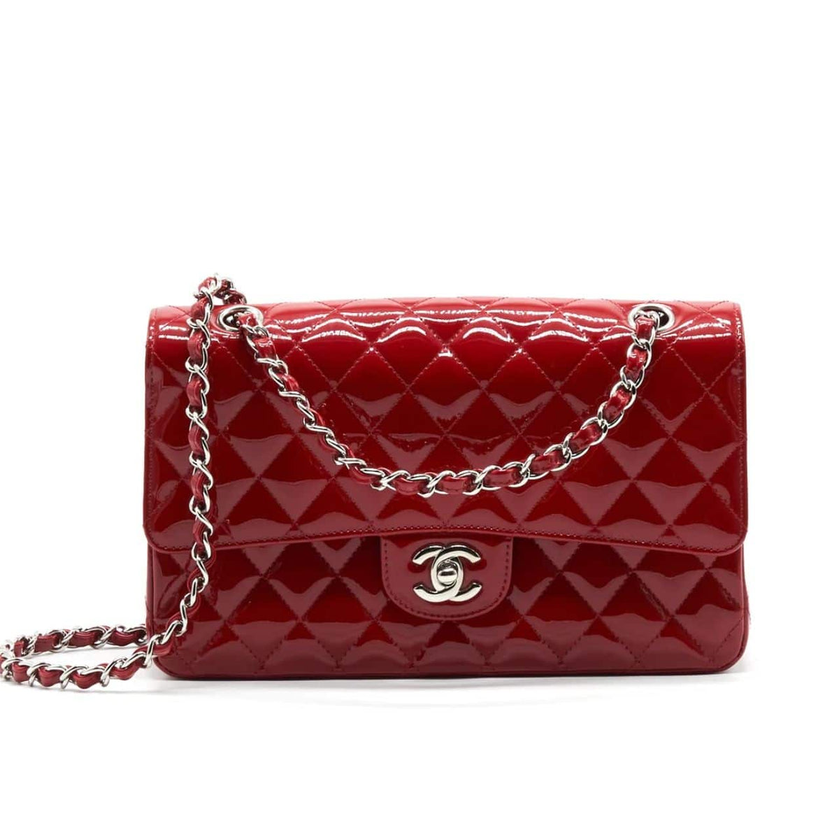CC MEDIUM CLASSIC DOUBLE FLAP BAG PATENT LEATHER RED 26CM