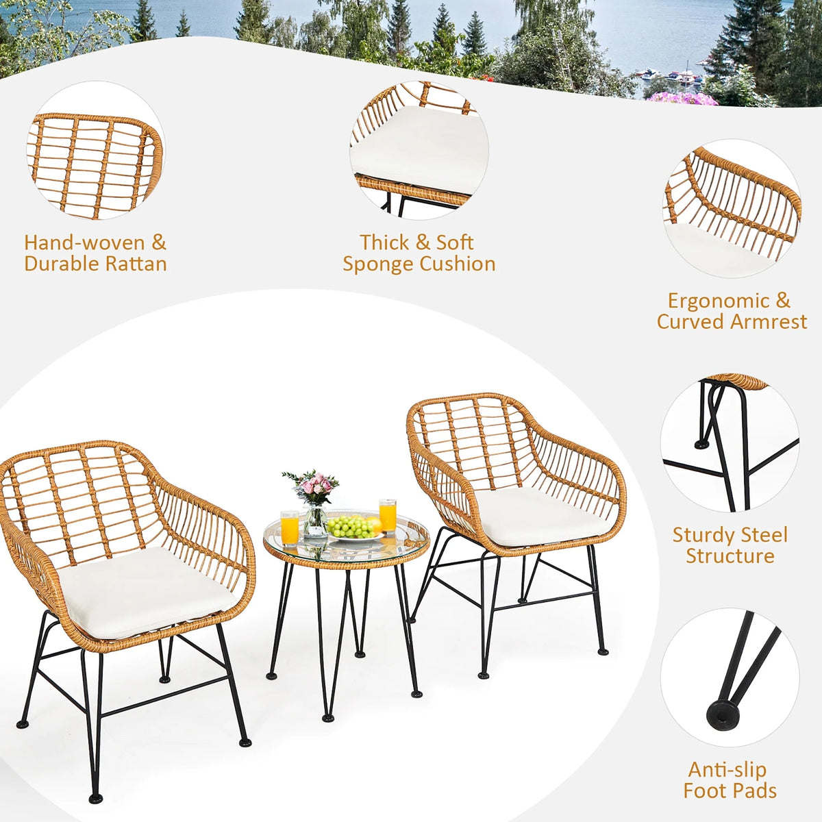 3PCS Patio Rattan Bistro Furniture Set Cushioned Chair Table White