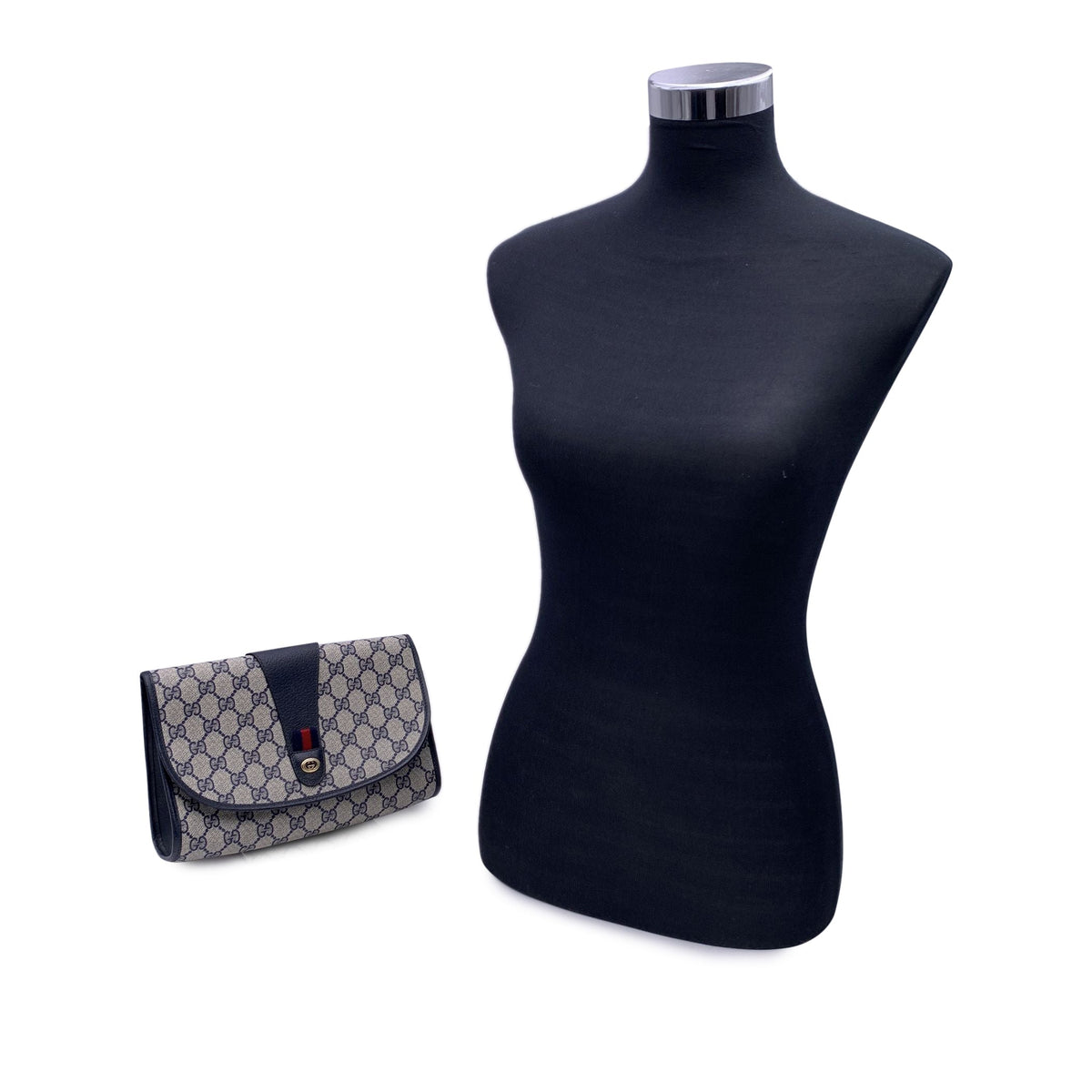 GUCCI Vintage Blue Monogram Canvas Web Cosmetic Flap Bag Clutch